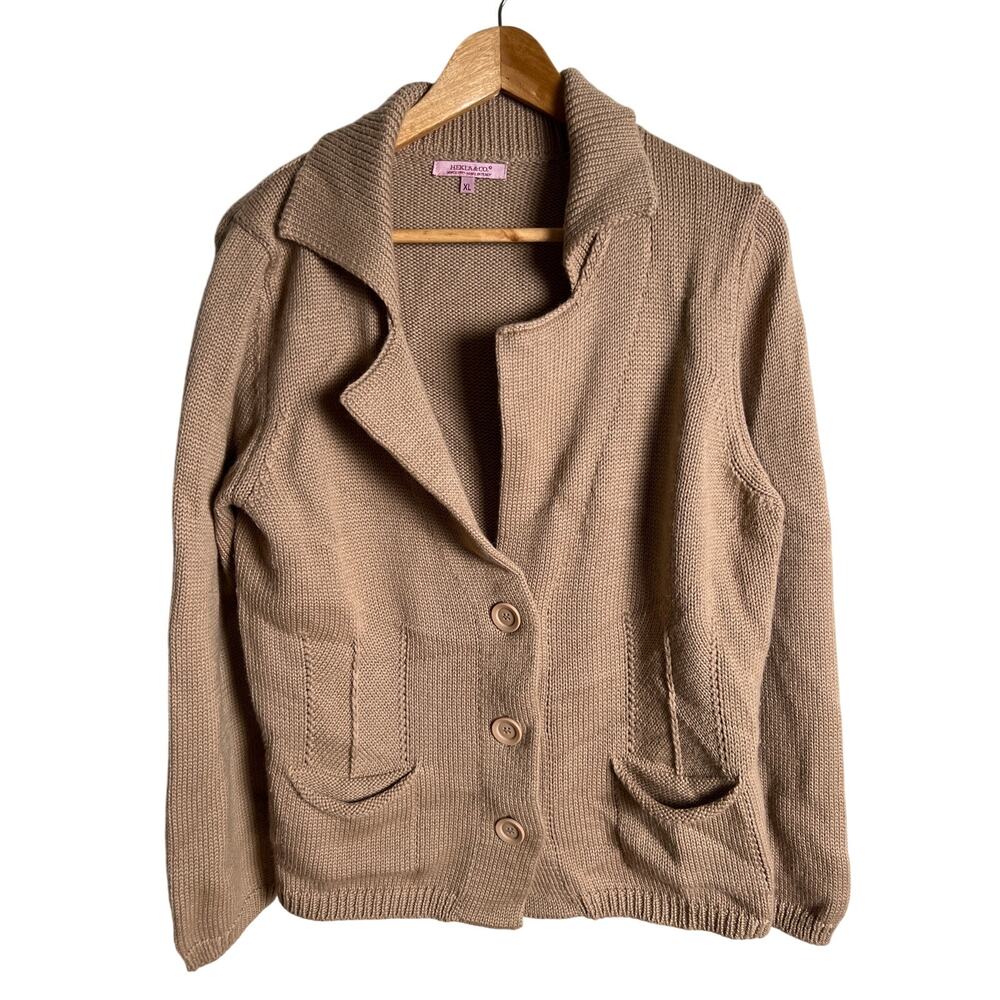 Hekla & Co Cardigan Sweater Women's XL Tan Merino Wool Preppy Academia Knit